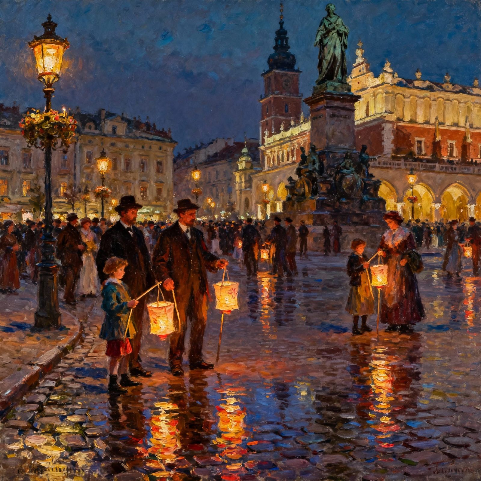 Polish Town Square Festival of Lights in 1890s Oil Painting