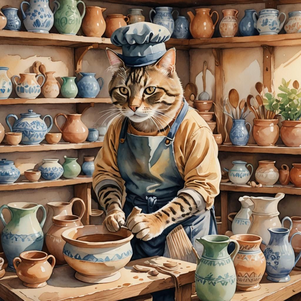 Cat Potter at Wheel: Whimsical Watercolor Painting