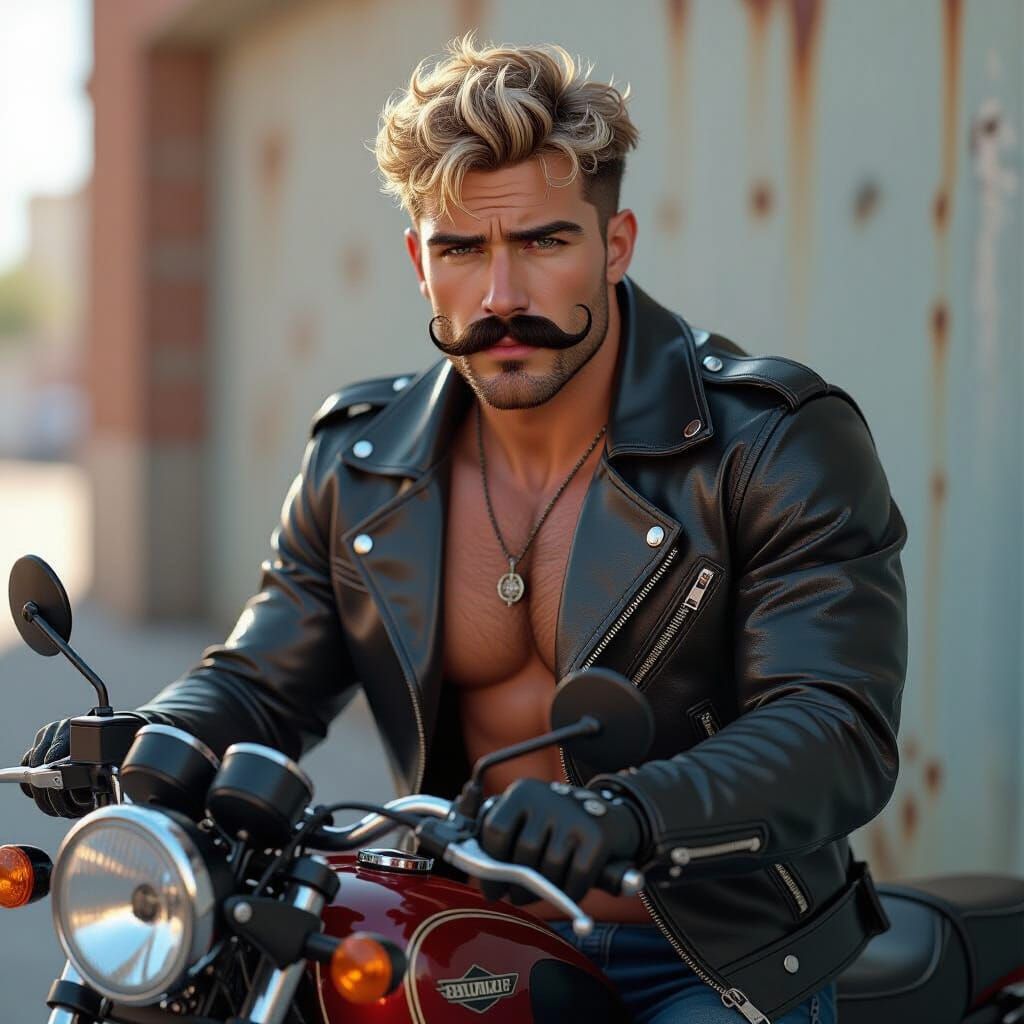 Muscular Biker in Bara Style with Vintage Motorcycle