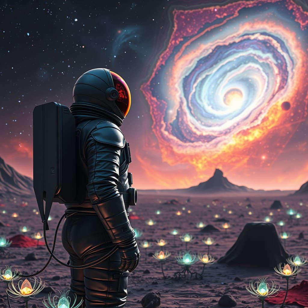 Astronaut Gazing at Nebula on Alien Planet