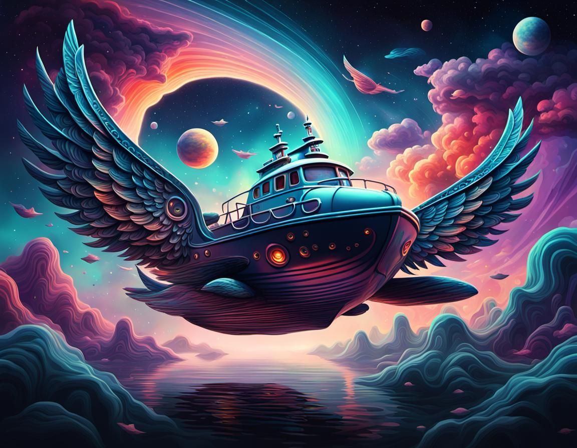 Surreal Boat with Angel Wings in Alien Universe