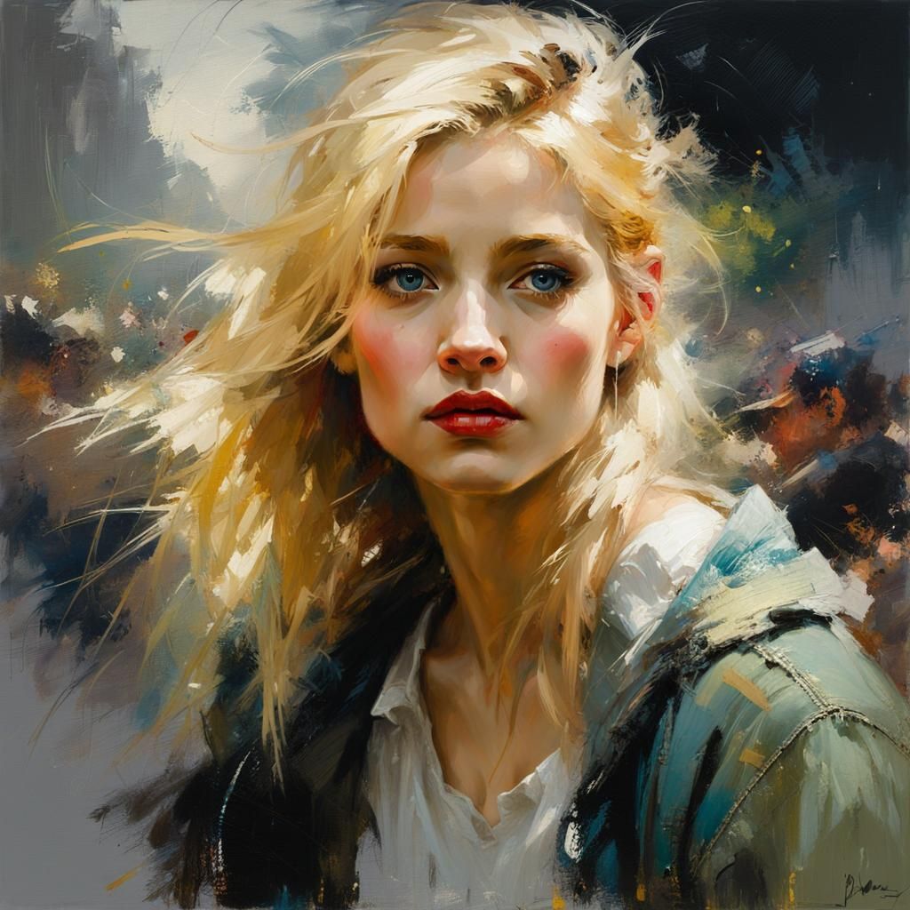 Beautiful Blonde Woman Portrait as Oil Painting