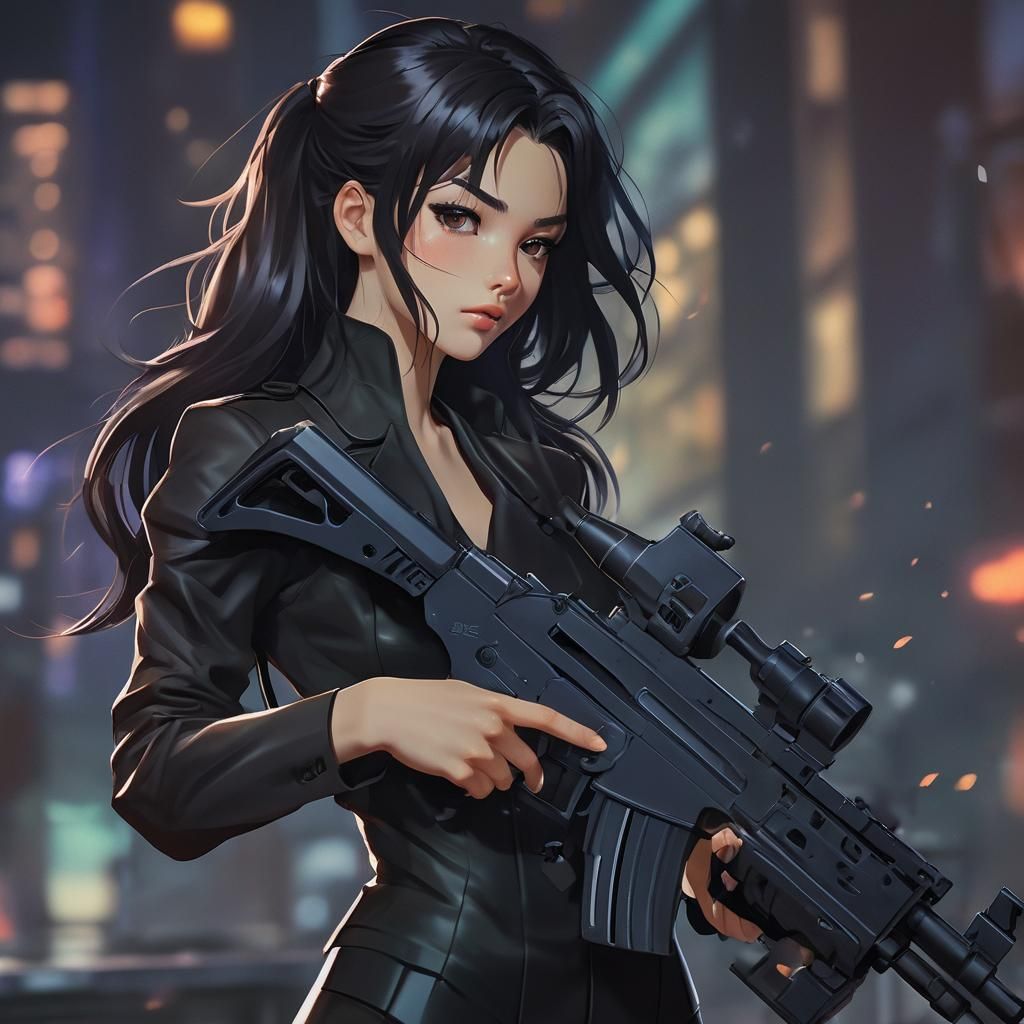 Anime Woman with Machine Gun in Kishimoto Style