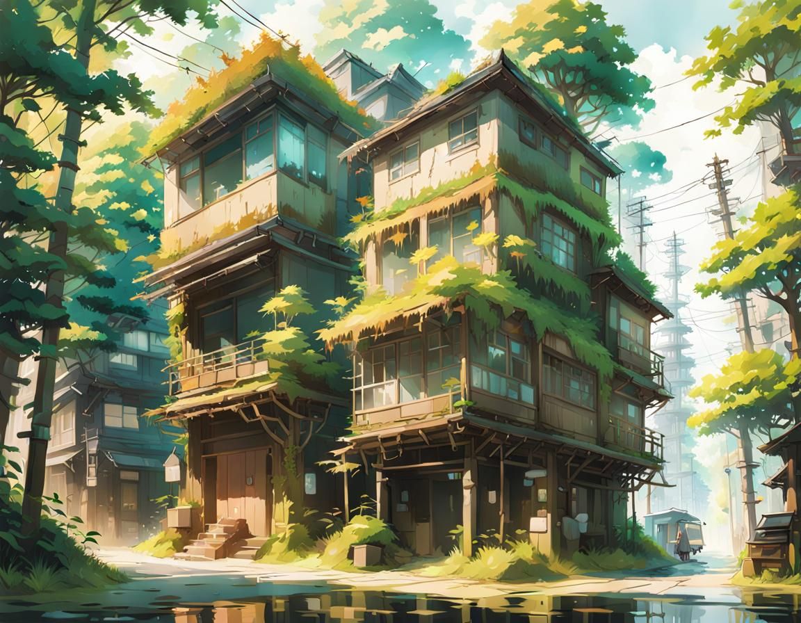Biopunk Apartments Overgrown in Anime Style