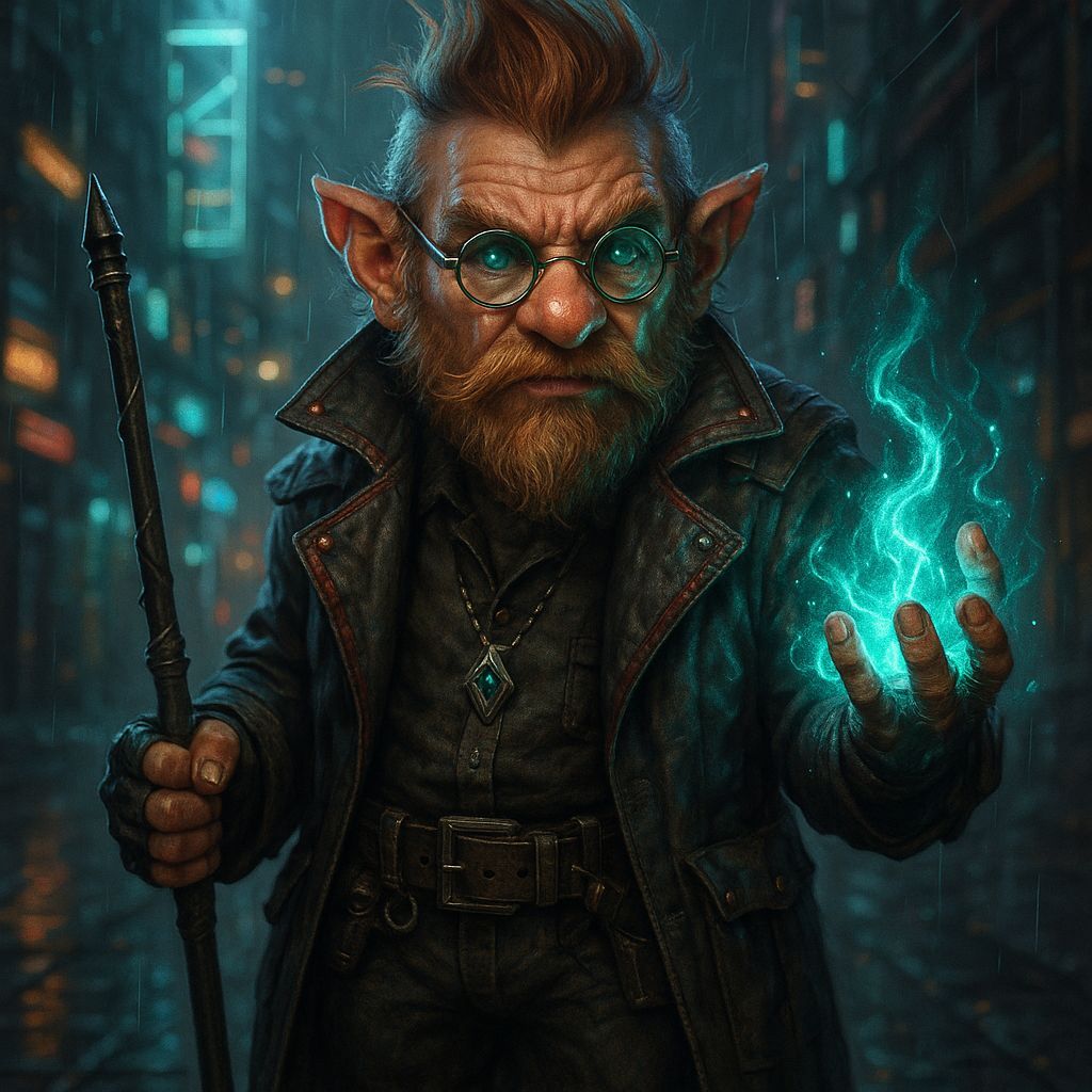 Shadowrun Gnome Spellcaster in Cyberpunk Fantasy