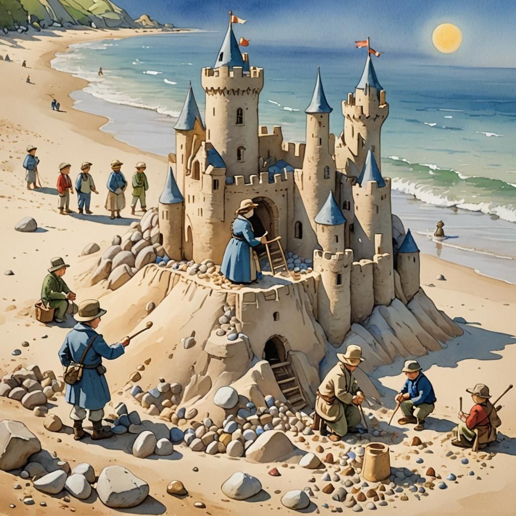 Lilliputian scene where tiny soldiers are building  a sand c...