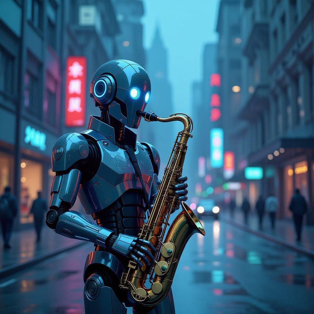 Chrome Robot Saxophonist in Cyberpunk Cityscape