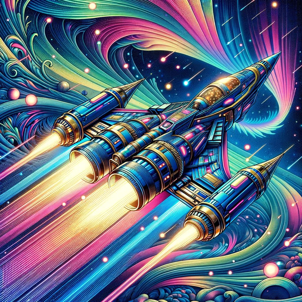 Blue Space Fighter Rocket at Light Speed