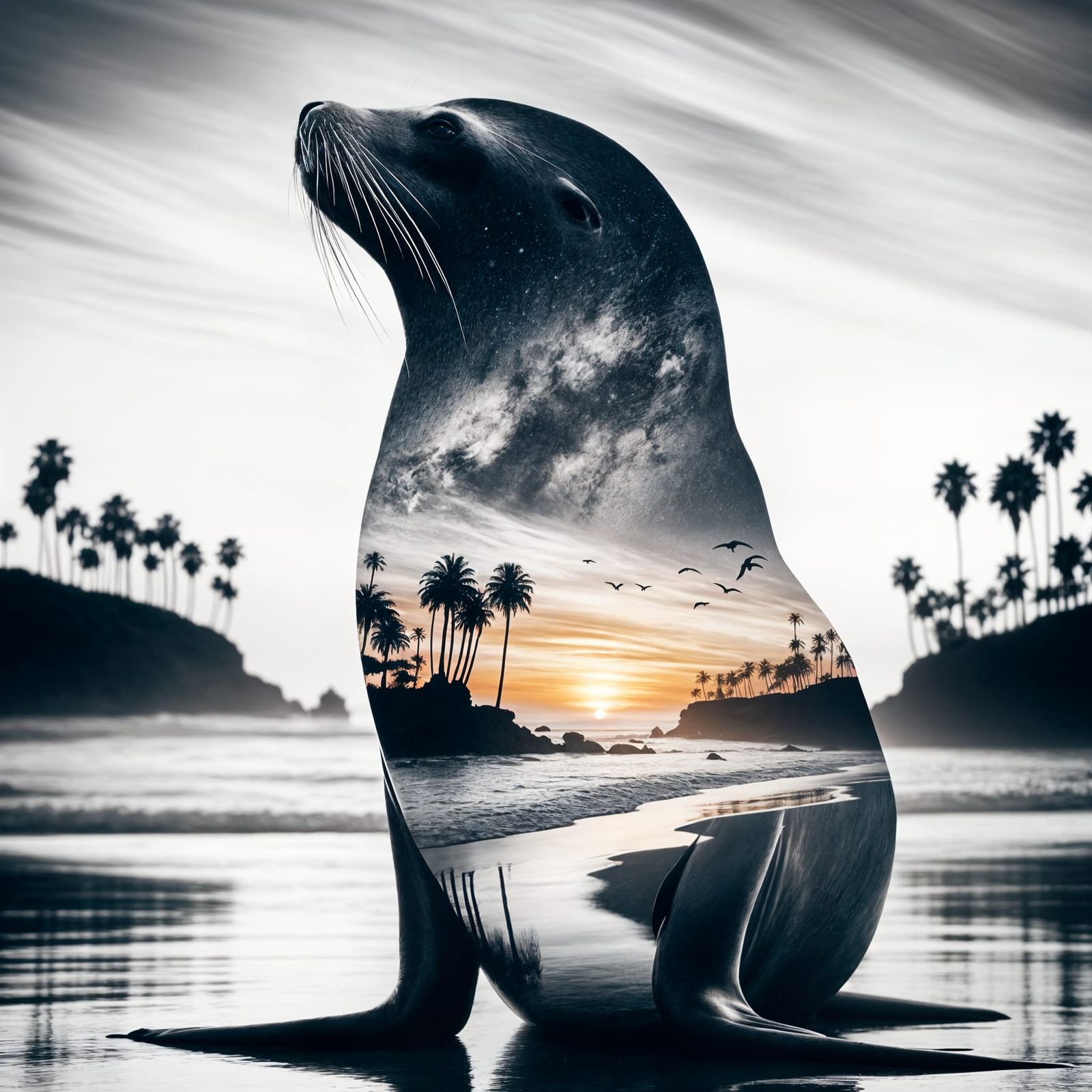 Double Exposure Sea Lion Sunset Coast