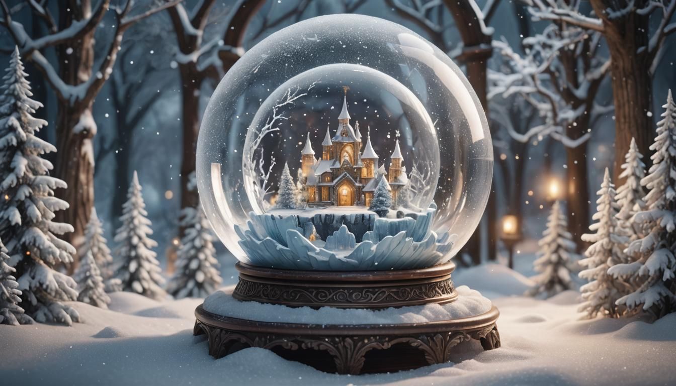 Winter Scene Inside Decorated Snowglobe with Ice Altar