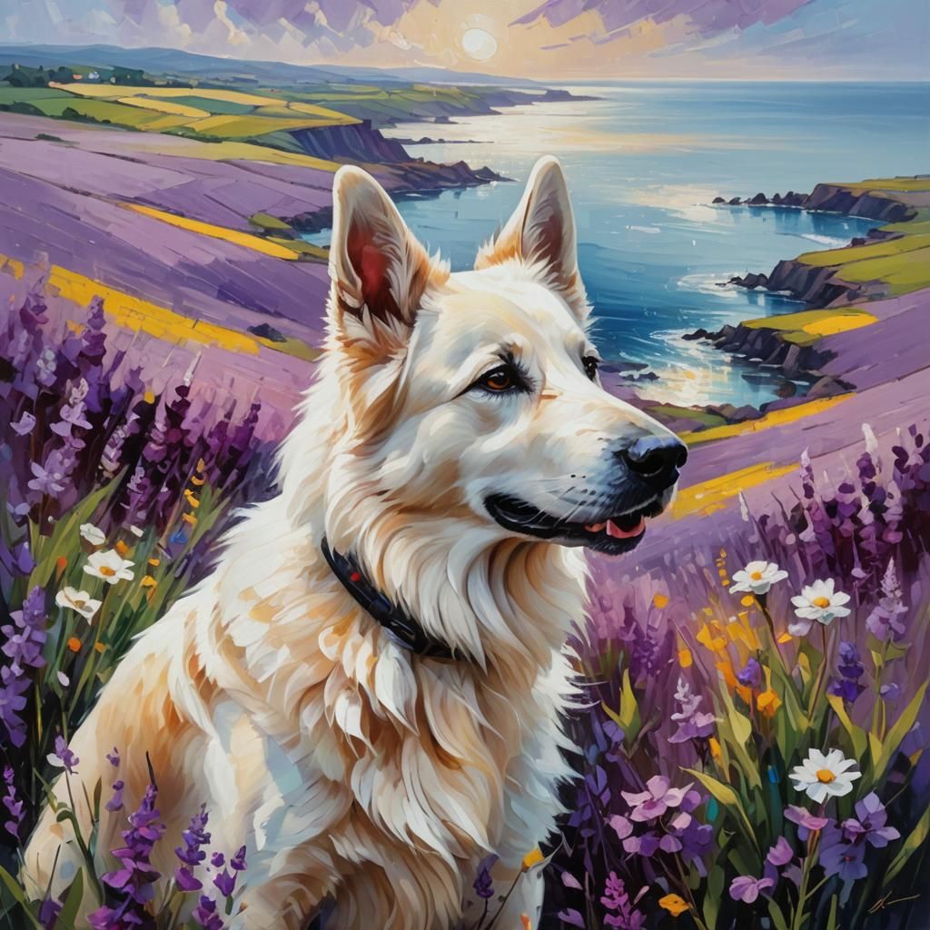 Abstract Landscape with White Shepherd Dog Oil Painting