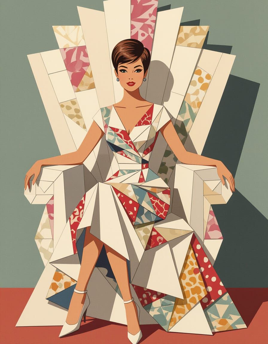 Elegant Woman in Paper Dress on Paper Throne