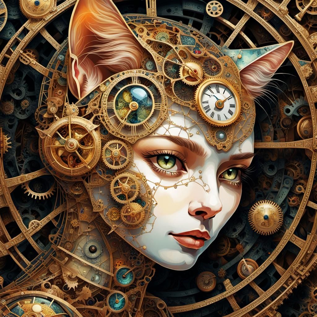 Clockwork Cat Woman Portrait in Digital Art Style