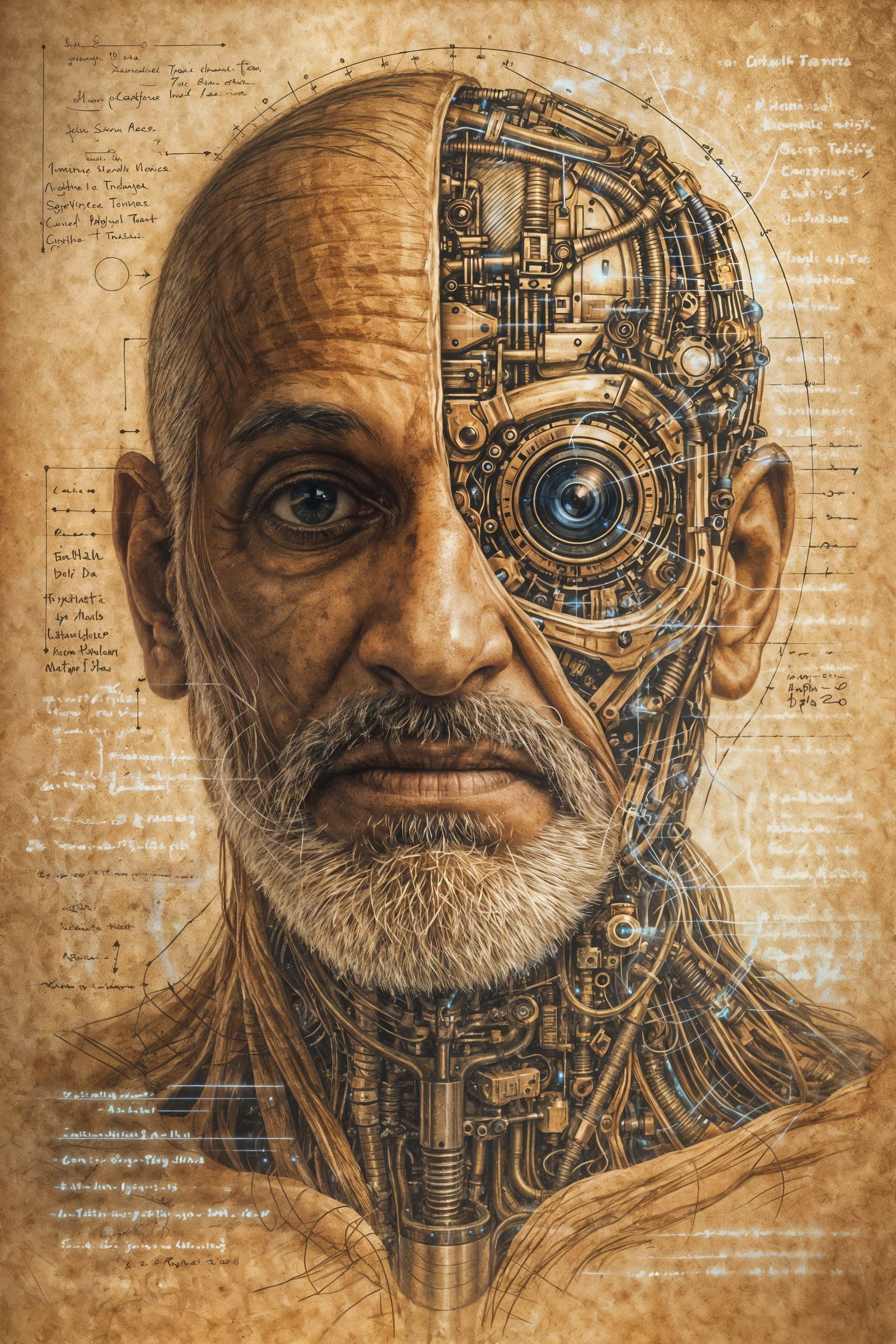 Cybernetic Head Anatomy Sketch in Sepia Tones