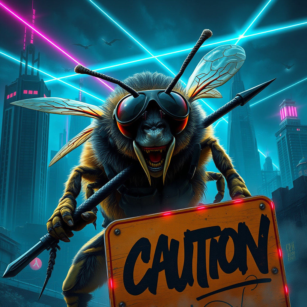Cyberpunk Bee Warrior in Dystopian Cityscape