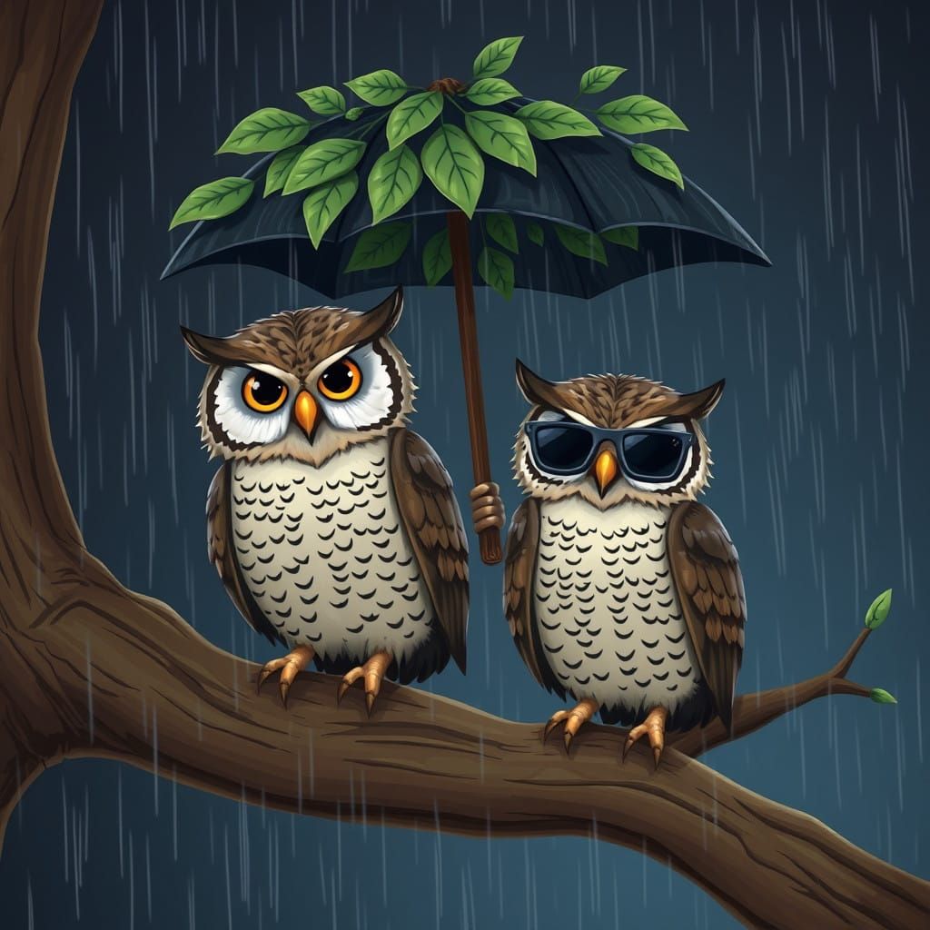 Mysterious Owls Seek Shelter Under Ancient Umbrella in Rainy...