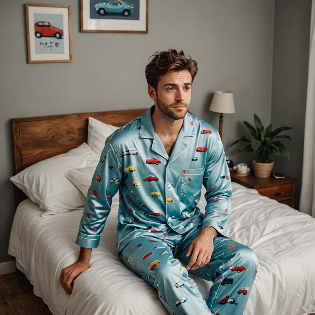 Young man in pajamas ready to go to bed. His pajamas have little car designs.