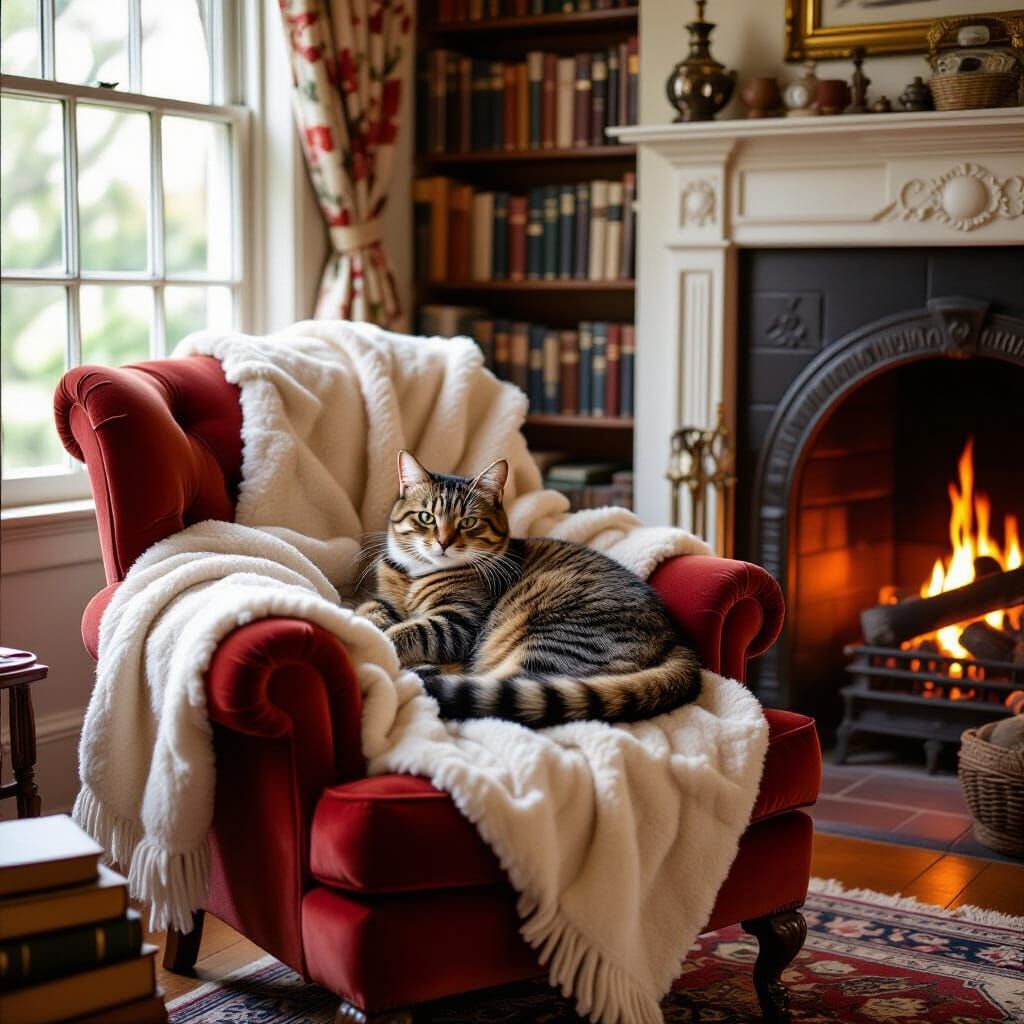 Cozy Cat Nook with Fireplace, Illustrated Style