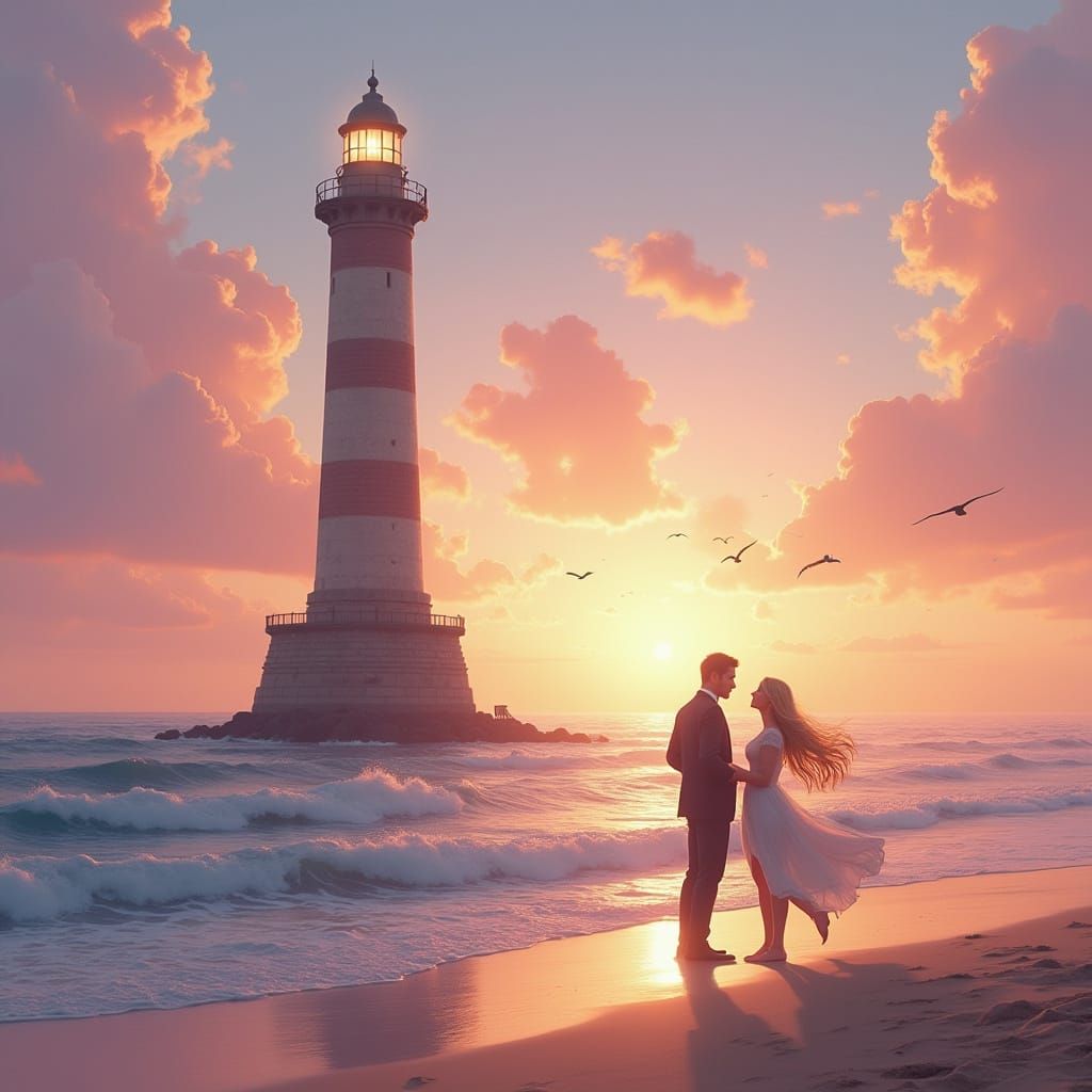 Romantic Lighthouse Sunset Embrace on Serene Shoreline