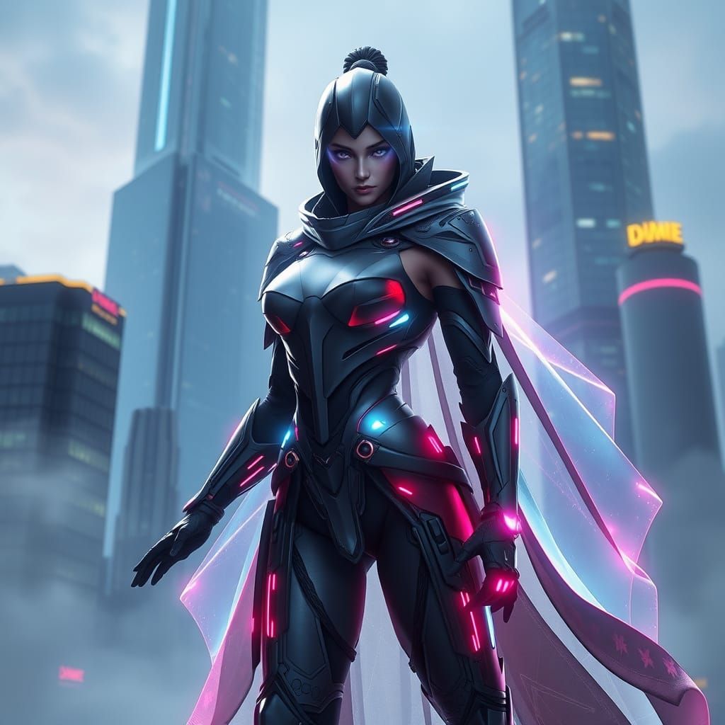 Futuristic Warrior in Cyberpunk Cityscape