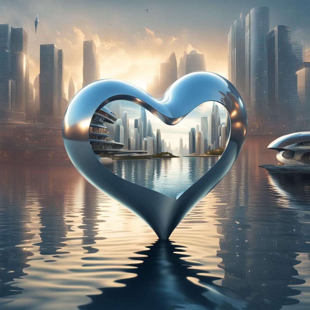 Futuristic Seaside City with Metal Heart Sculpture