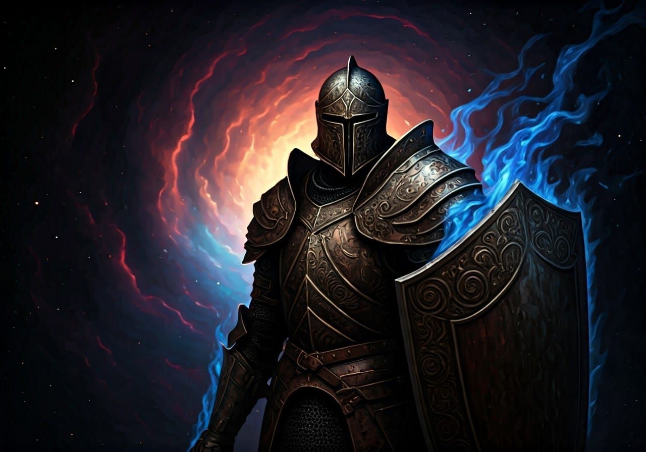 Stoic Knight Against Cosmic Backdrop in Chiaroscuro Lighting