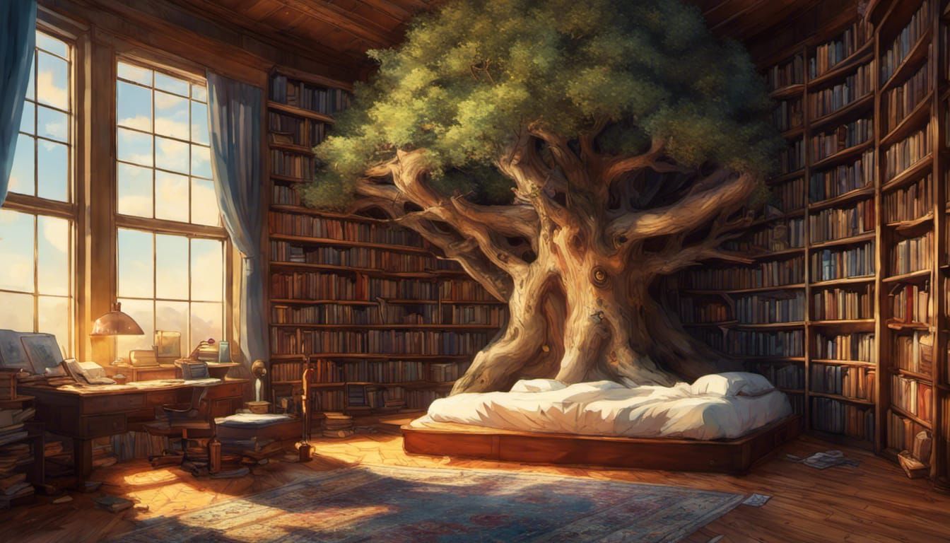 Bedroom in Giant Library with Tree, Detailed Digital Art