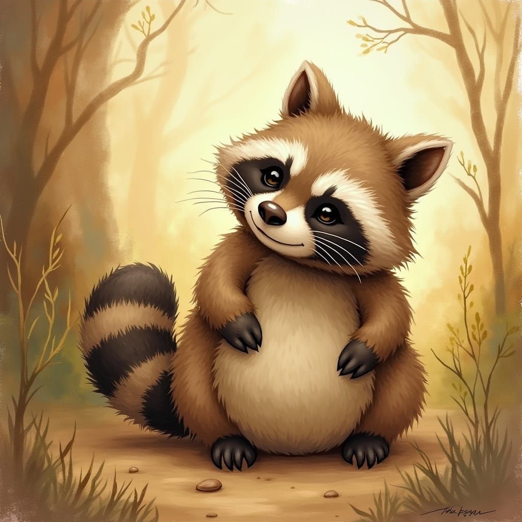 Fluffy Whimsical Raccoon in Earthy Paradise