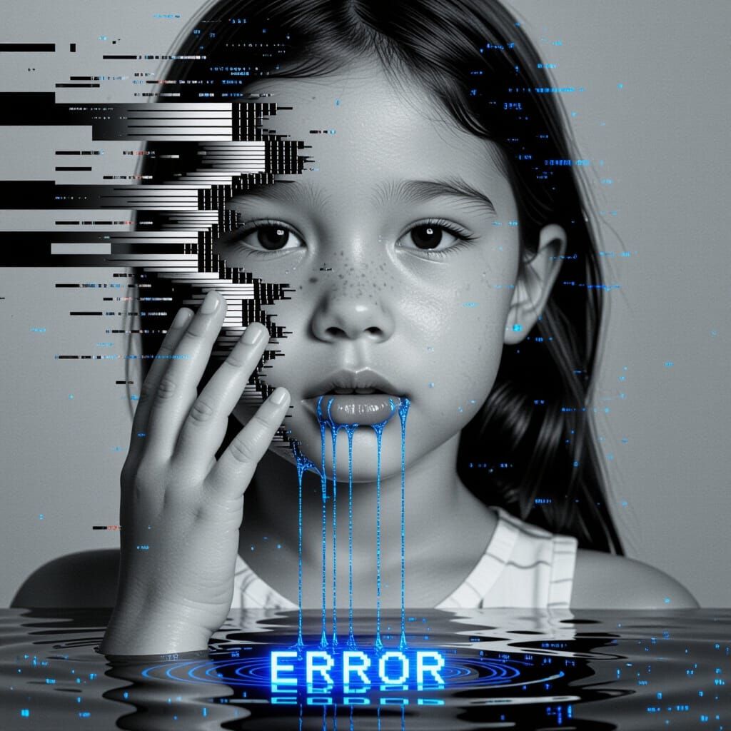 Surreal Glitch Art: Girl Dissolving into TV Static