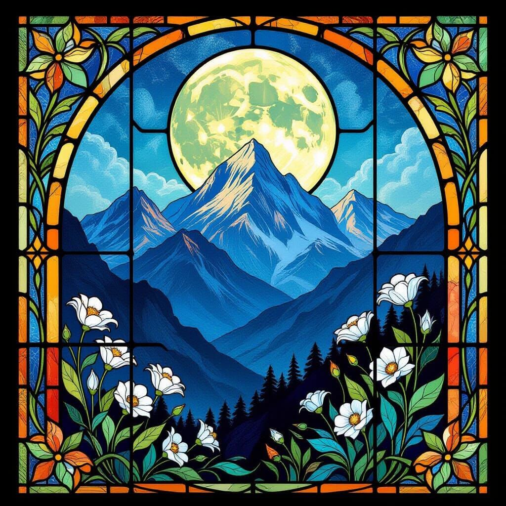 Vibrant Stained Glass Window of Ethereal Mountains and Light...