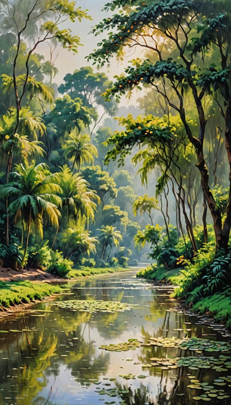 Impressionist River Landscape in Vibrant Colors