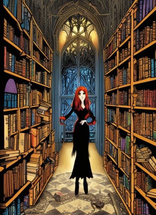 Gothic Vampire Librarian in Elaborate Library