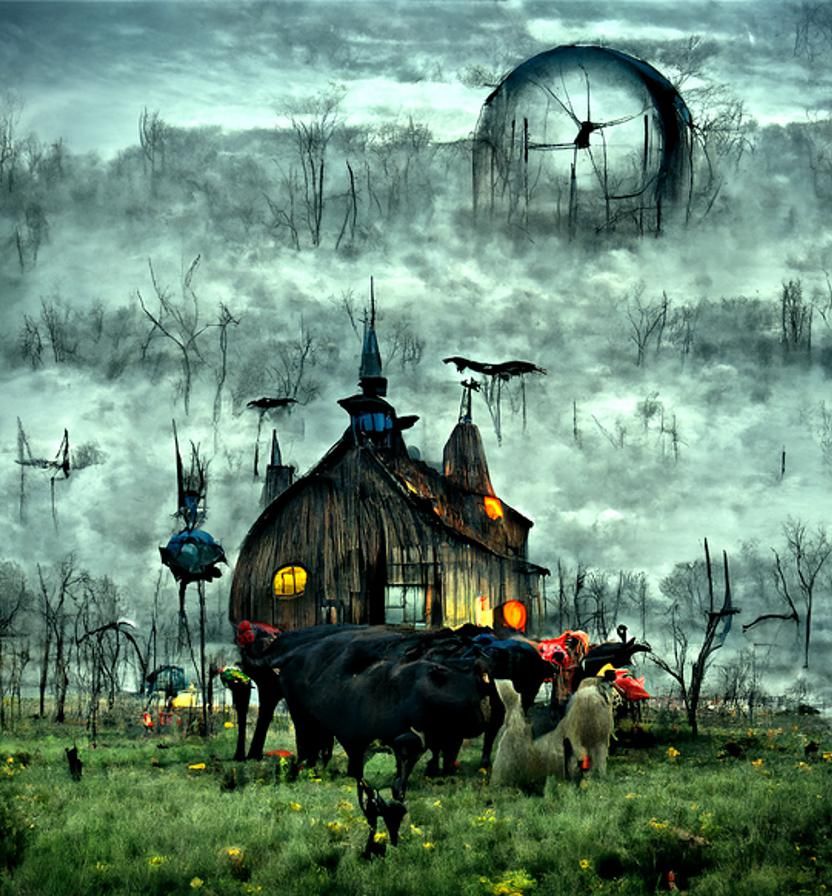 Surreal Gothic Steampunk Farm at Midnight