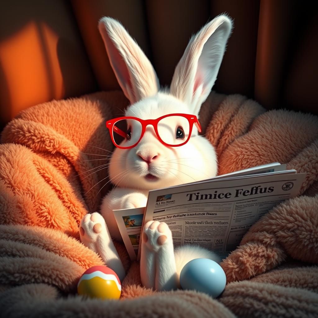 Hyperrealistic Easter Bunny Reading Newspaper in Bed