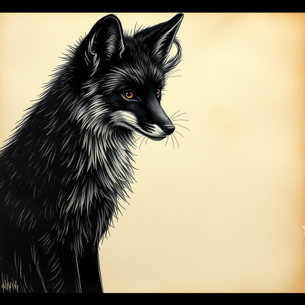 Detailed Ink Sketch of a Black Fox