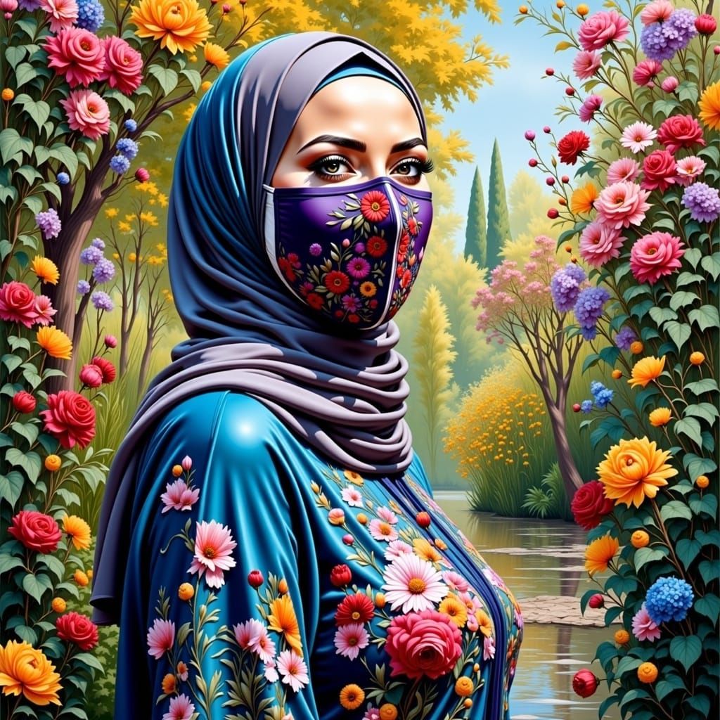 Swedish Woman in Botanic Garden: Oil Gouache Painting