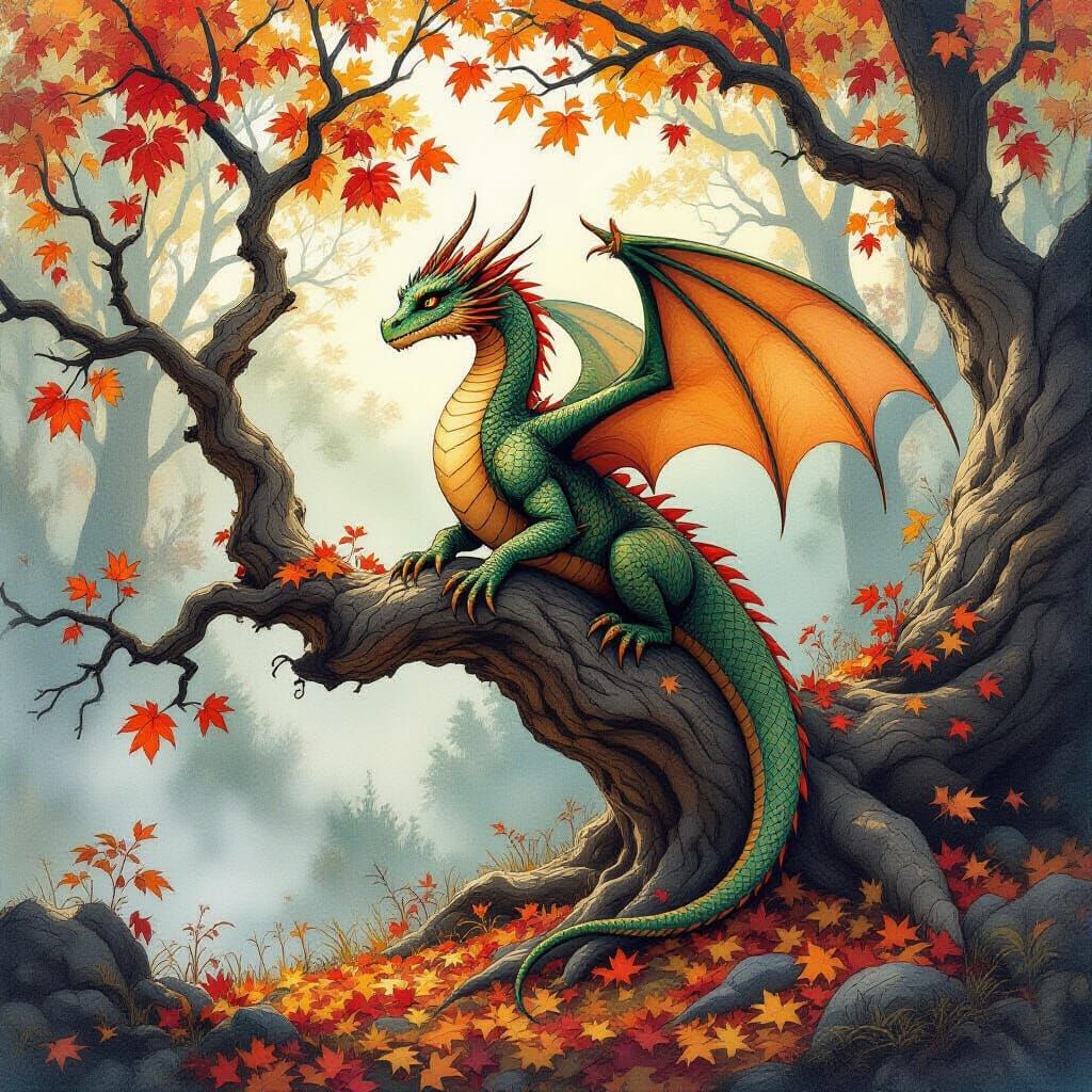 Majestic Autumn Dragon on Ancient Tree in Mystical Forest