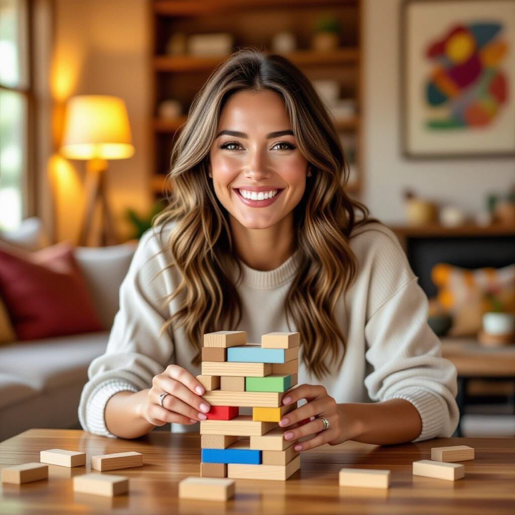 Woman Playing Jenga in Cozy Living Room