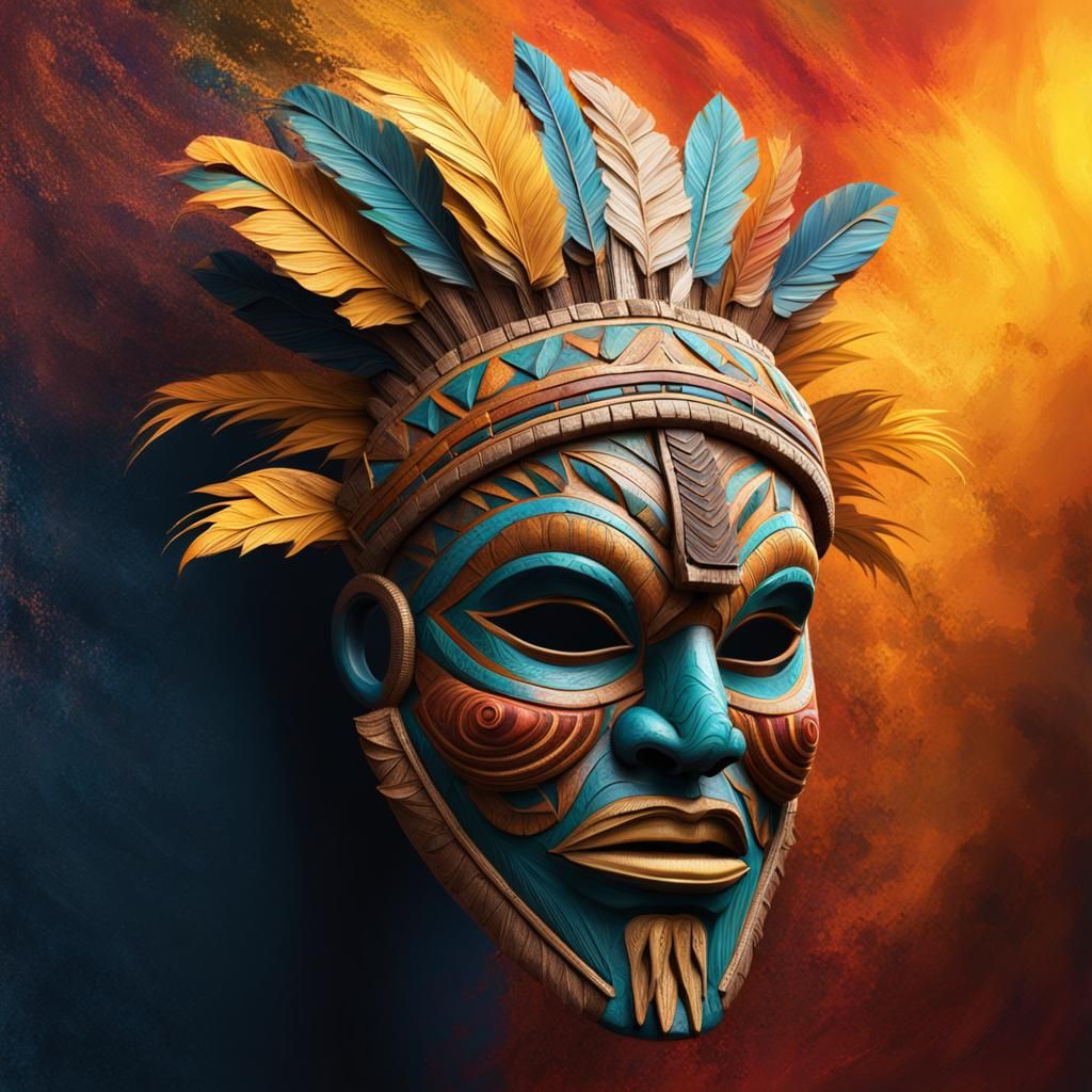 Detailed Tribal Mask in Hyperrealistic Splash Art