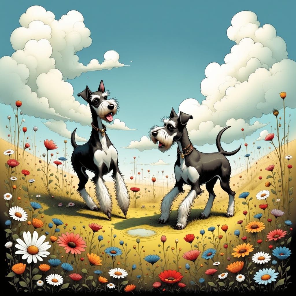 Whimsical Schnauzers in a Vibrant Meadow