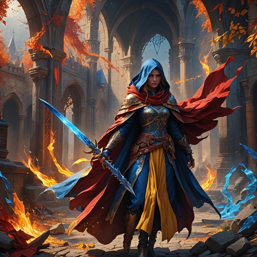 Girl with Fiery Cloak and Blue Sword