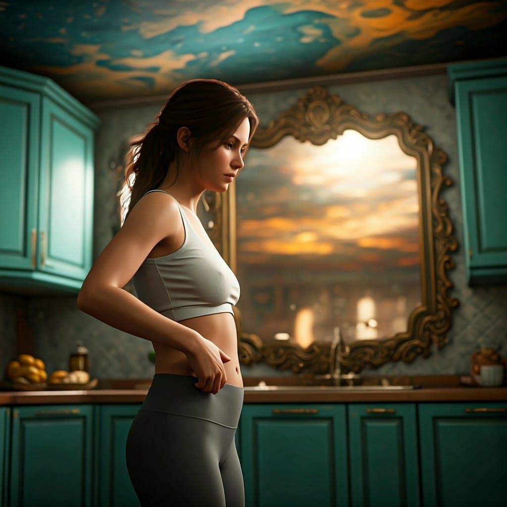 Frustrated Beauty in a Vibrant Kitchen