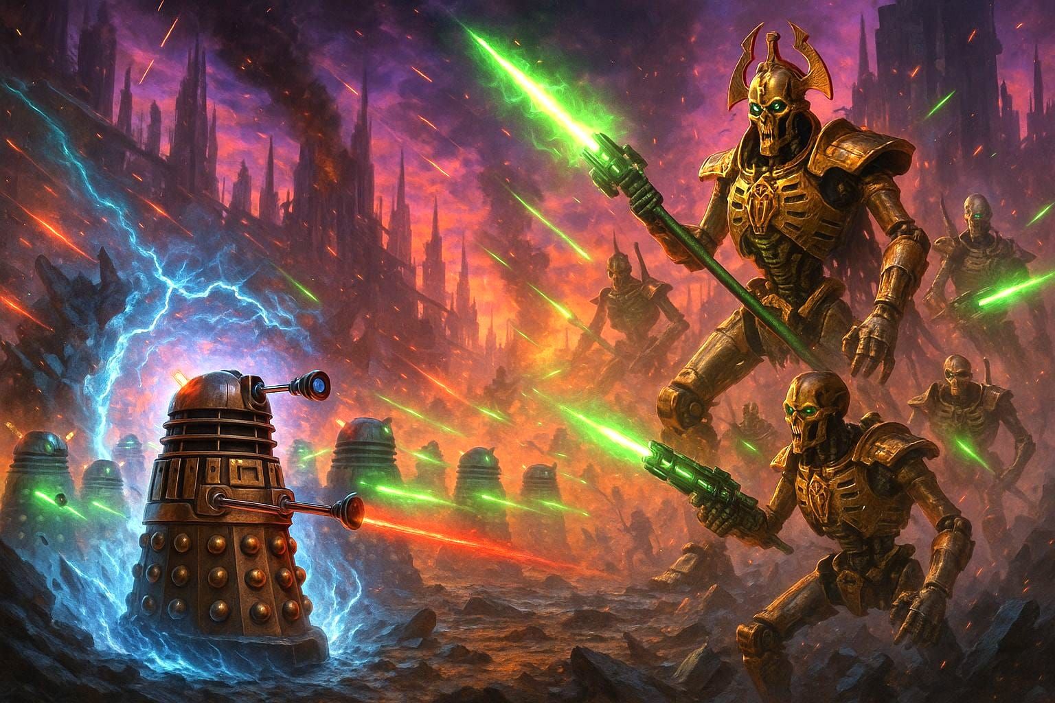 Epic Battle: Daleks vs Necrons in Dystopian Future