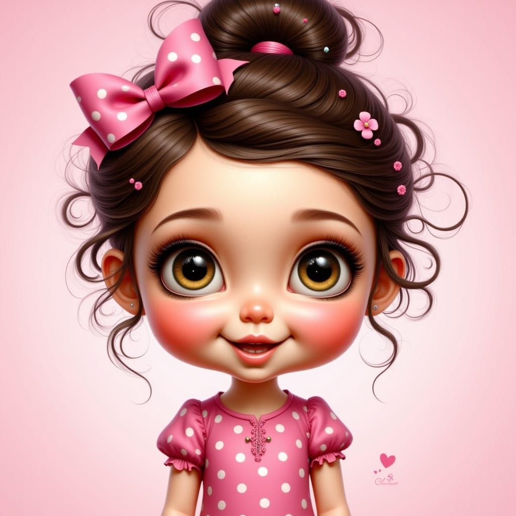 Whimsical Cartoon Girl with Puffed Cheeks and Polka-Dot Ones...