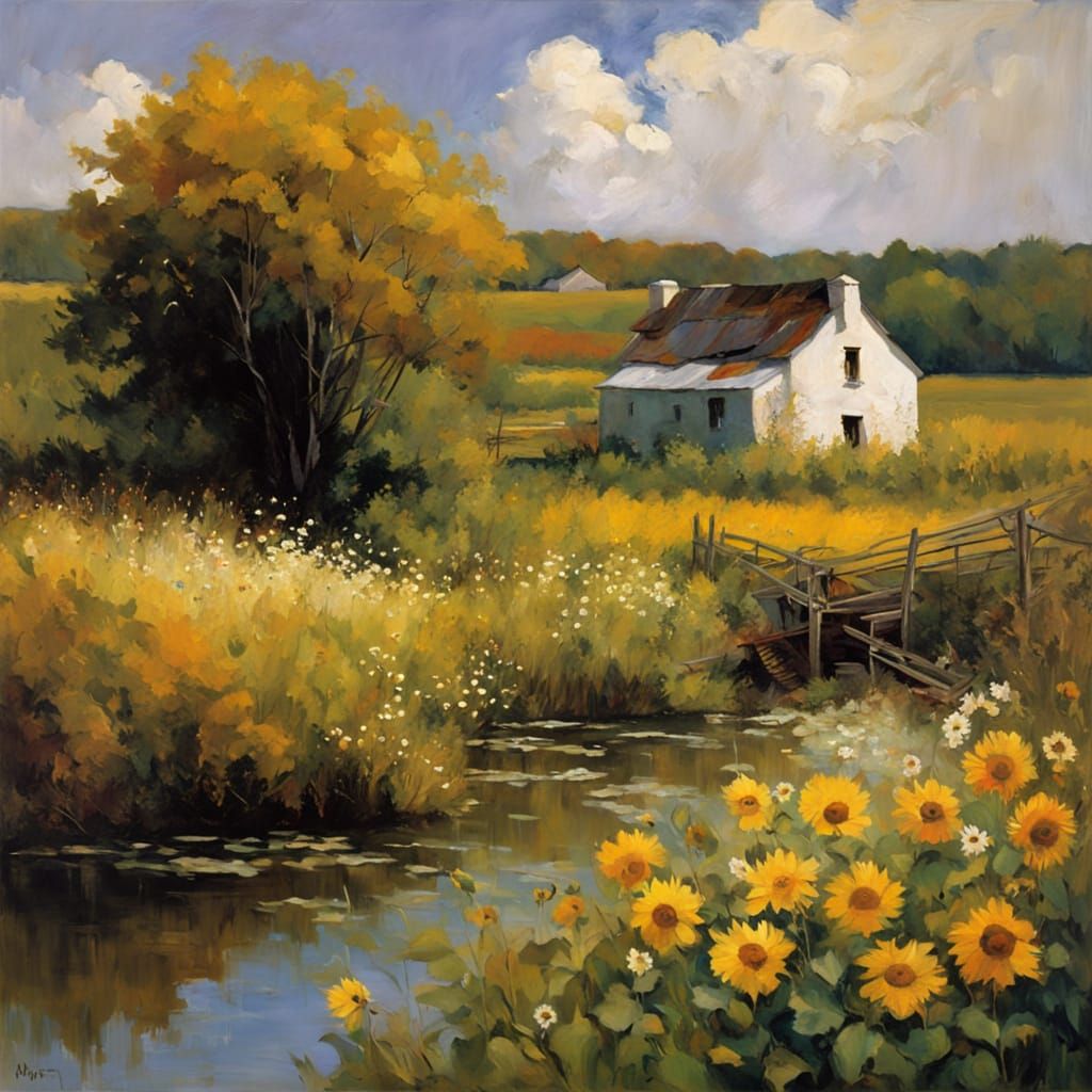 Expressionist Windmill on Serene Canal with Vibrant Colors a...