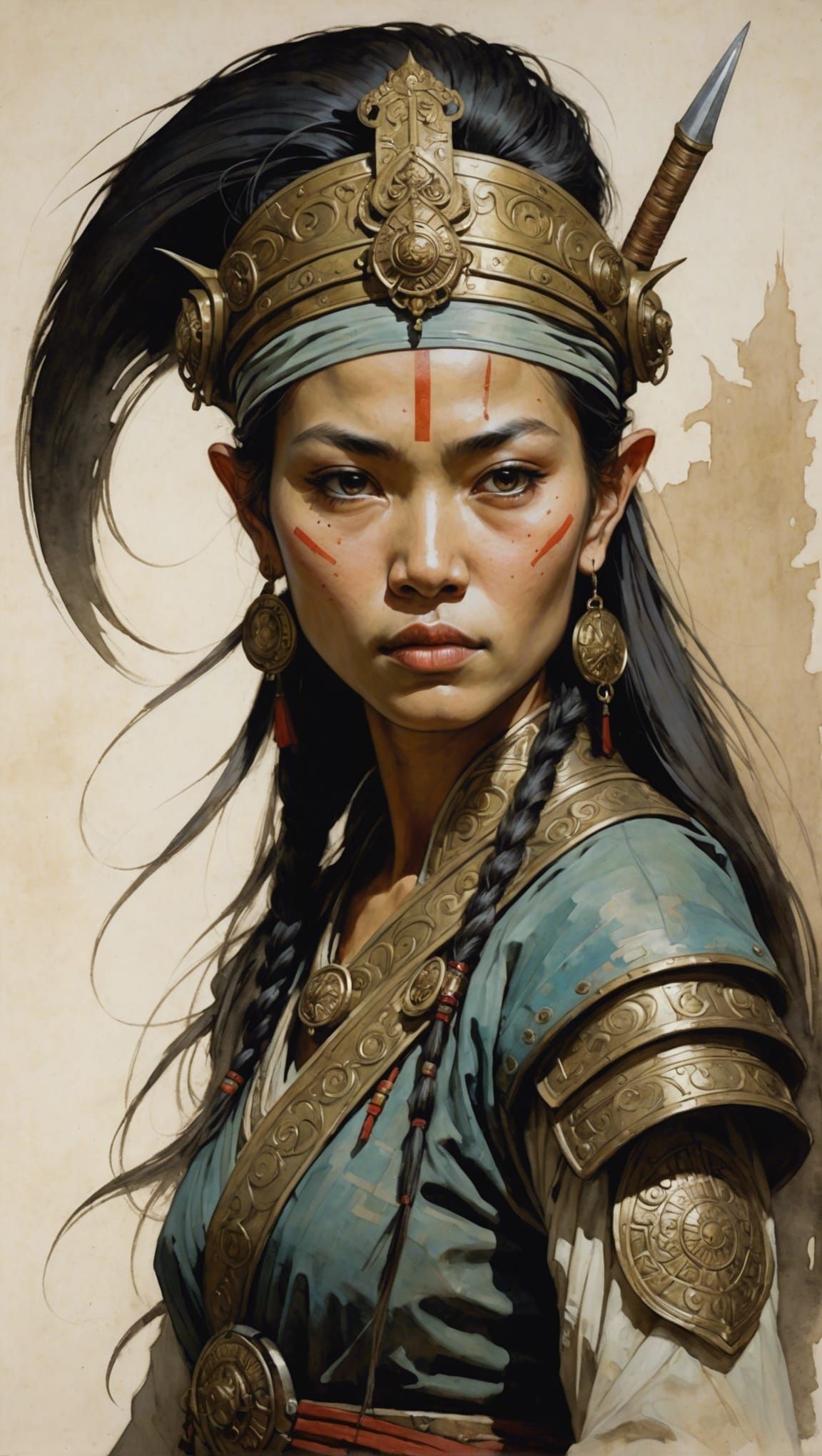 Thai Woman Warrior Portrait in Art Nouveau Style