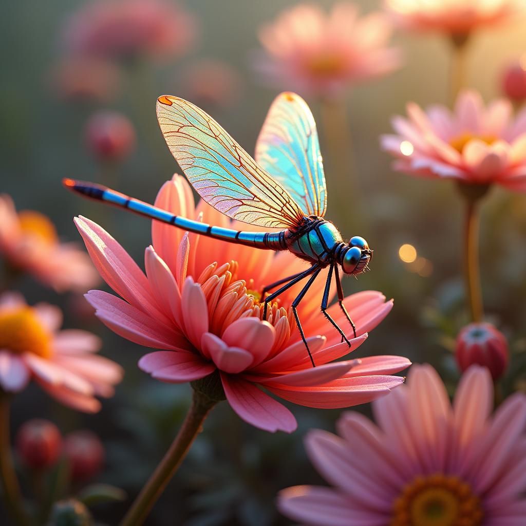 Iridescent Dragonfly in Whimsical Floral Bouquet