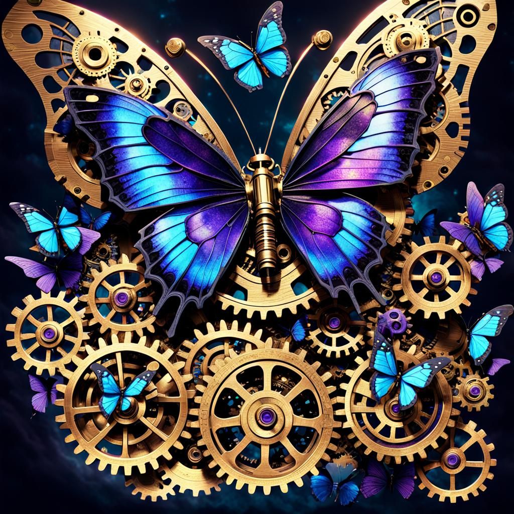 Steampunk Engine with Butterflies in Vivid Colors