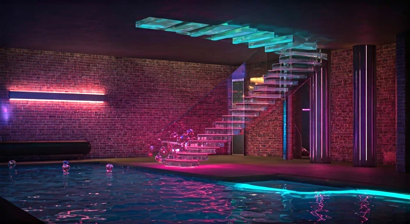 Space Age Living Room with Plexiglass Stairway