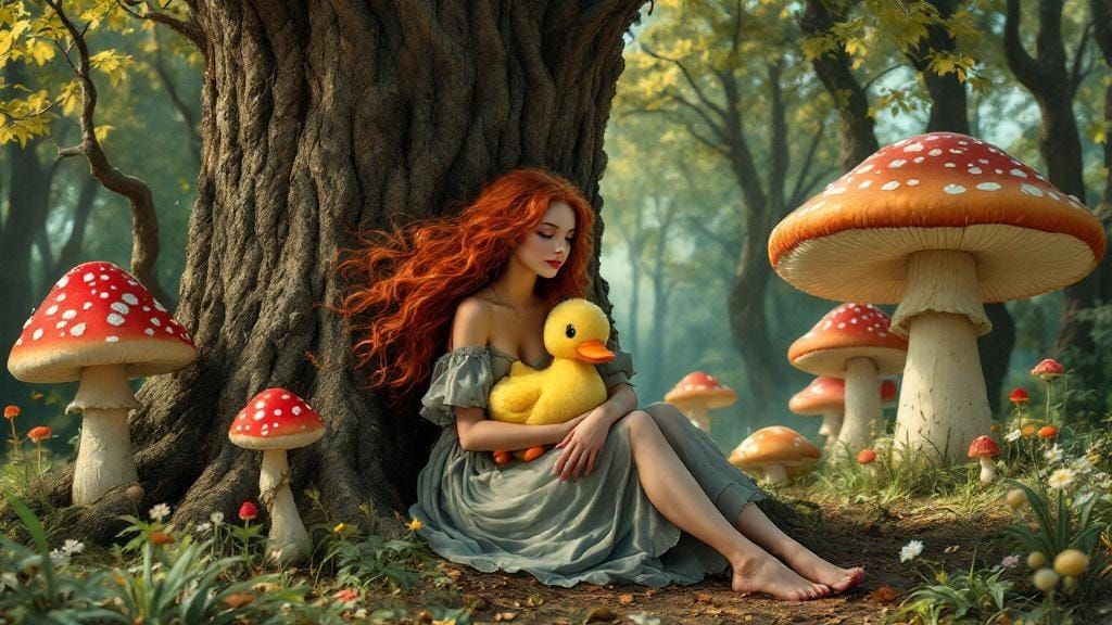 Red-Haired Woman in Whimsical Forest Scene